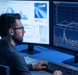 Trader reviewing financial charts on multiple monitors