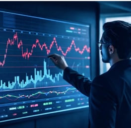 Person pointing at a monitor with data visualisation